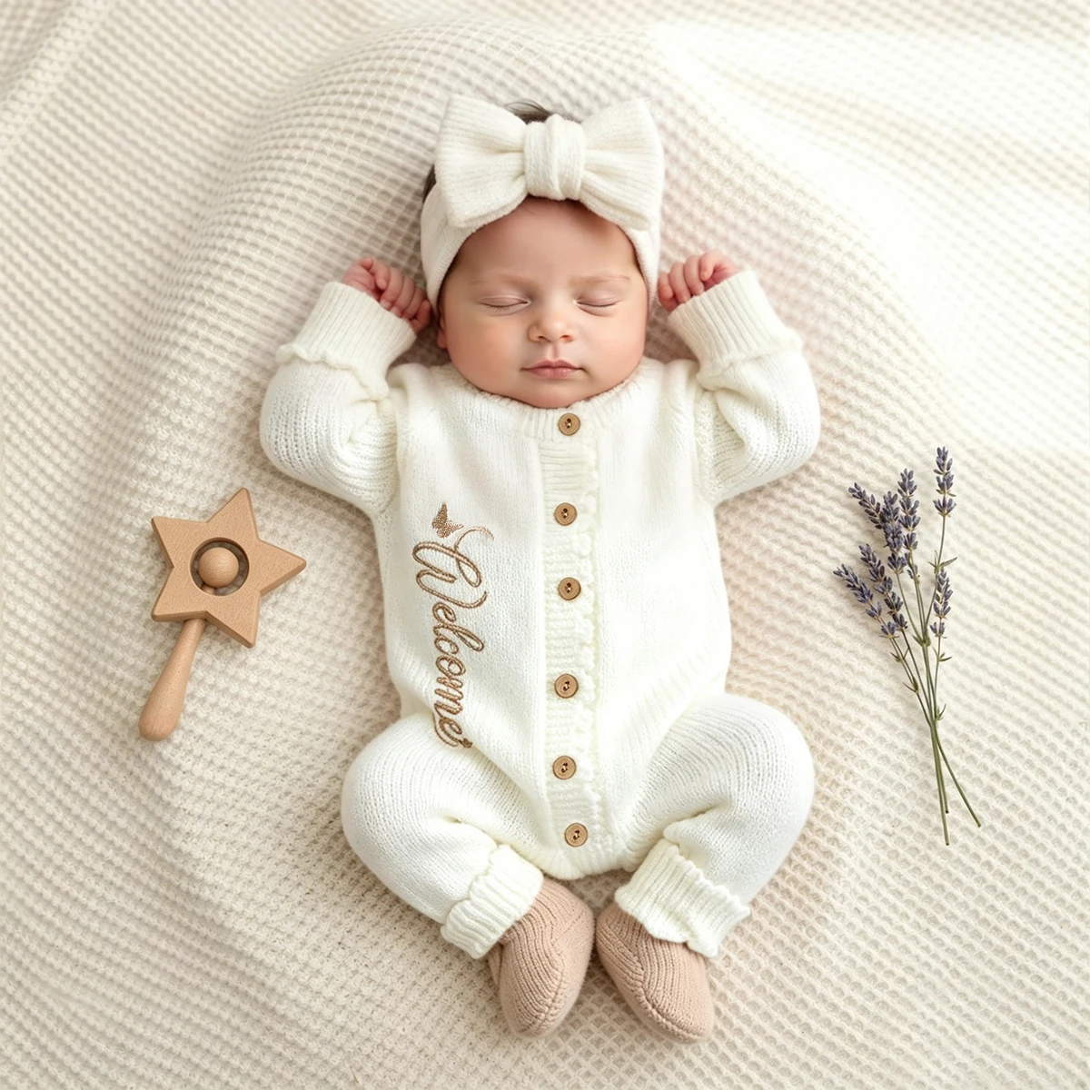 Ylsteed Conjunto de 2 piezas de punto para recién nacido con diadema con lazo, pelele bordado de bienvenida para bebé para sesión de fotos y uso diario de 0 a 3 meses