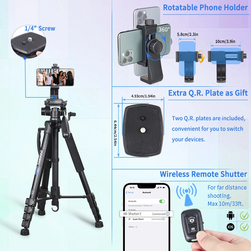 Trípode de cámara INNOREL RT20 de 184cm de altura, soporte profesional de viaje ligero para teléfono móvil DSLR, videocámara, luz de relleno Gopro