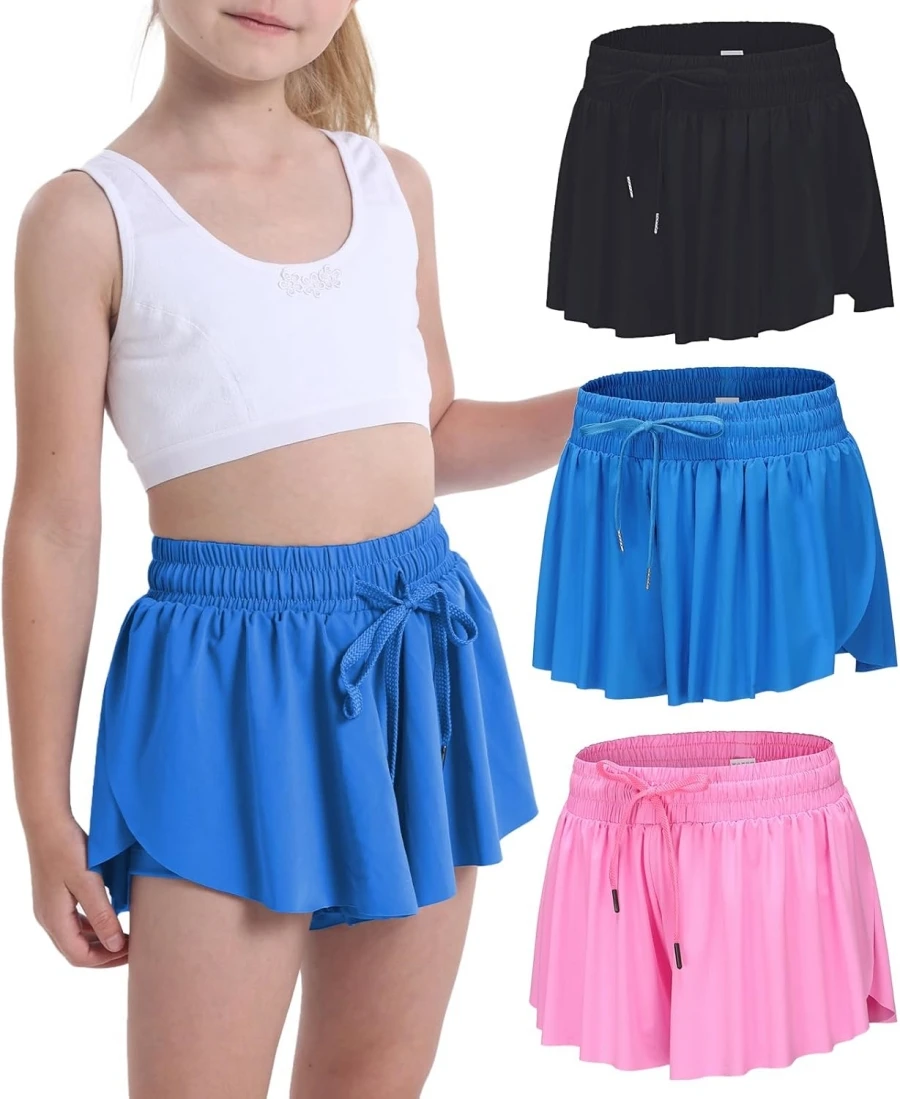 Pantalones cortos para niños, pantalones cortos de mariposa fluidos para niñas, faldas atléticas 2 en 1 para correr, faldas cortas para animar, tenis, baile, ropa Preppy para niños de 5 a 12 años