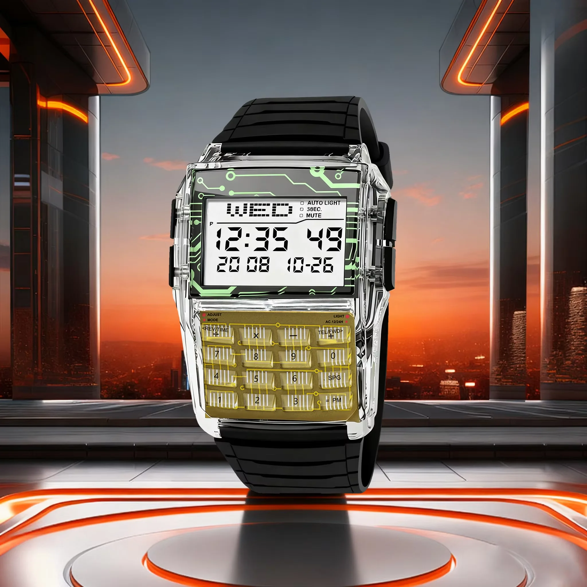 Reloj de plástico con caja transparente para hombre, reloj con calculadora multifunción, reloj LED luminoso, reloj de lujo para hombre, estilo ordenador