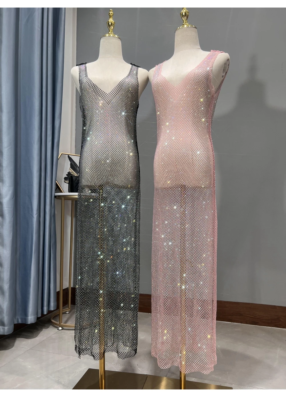 Vestido de fiesta con diamantes de imitación para mujer, ropa Sexy de malla larga fina y brillante con cuello en V profundo, novedad de verano 2023