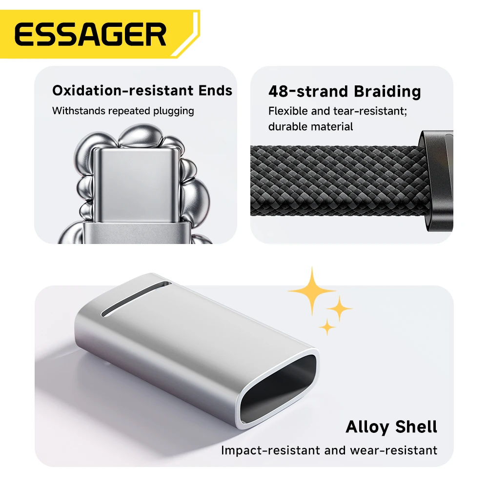 Cable Essager de 100W 5A Tipo C a Tipo C para iPhone 17, Macbook, Xiaomi, Huawei, Cable Plano Ultrafino USB C, Cable de Carga Rápida Tipo C