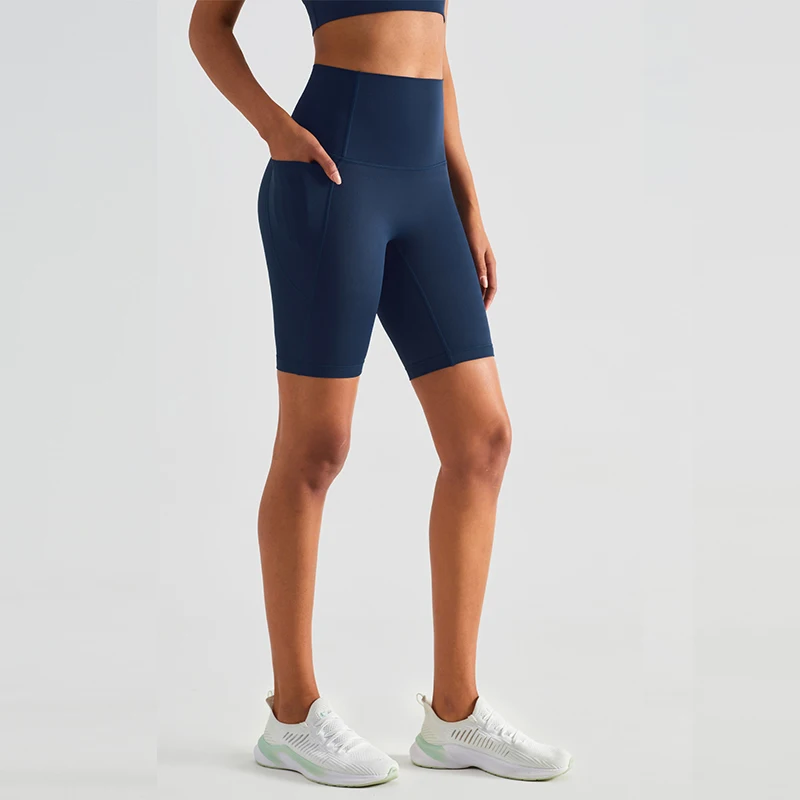 Pantalones cortos deportivos de yoga para mujer, con bolsillo, ideales para el gimnasio y actividades físicas, pantalones cortos de ciclismo para mujer, cintura alta, transpirables, sin costuras frontales, diseño que realza la figura.