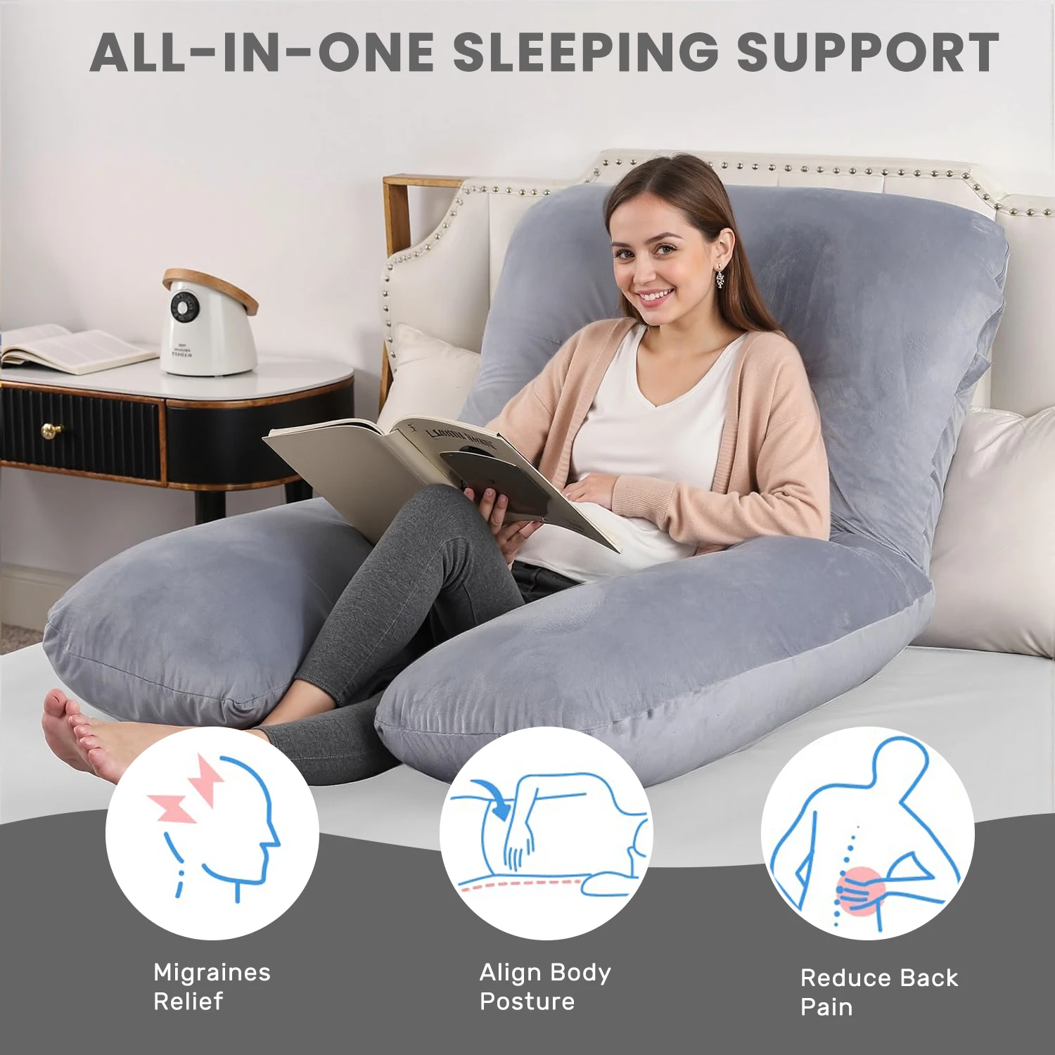 Almohada de embarazo en forma de U para dormir, almohada de cuerpo completo, almohada de embarazo, almohada de maternidad, con funda extraíble (gris)