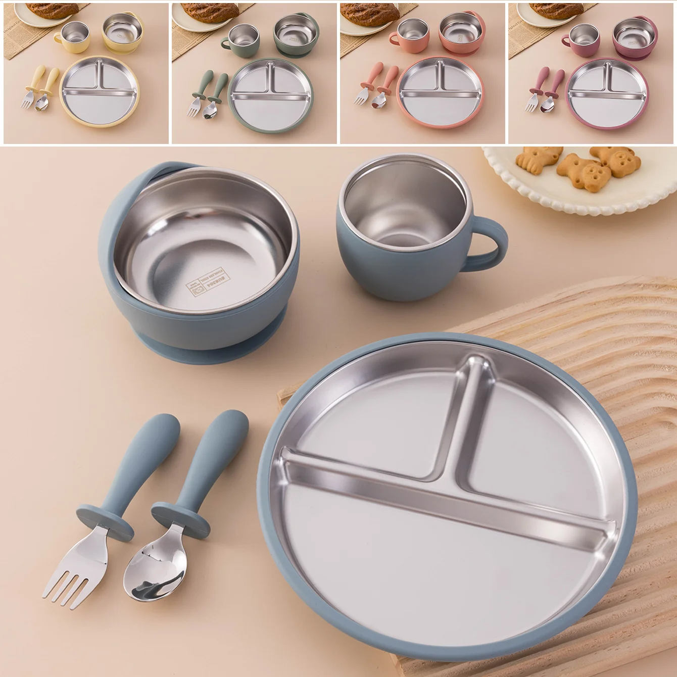 Color niños 5 uds juego de alimentación de bebé vajilla de silicona de acero inoxidable platos con ventosa plato tazón tenedor de entrenamiento cuchara taza infantil