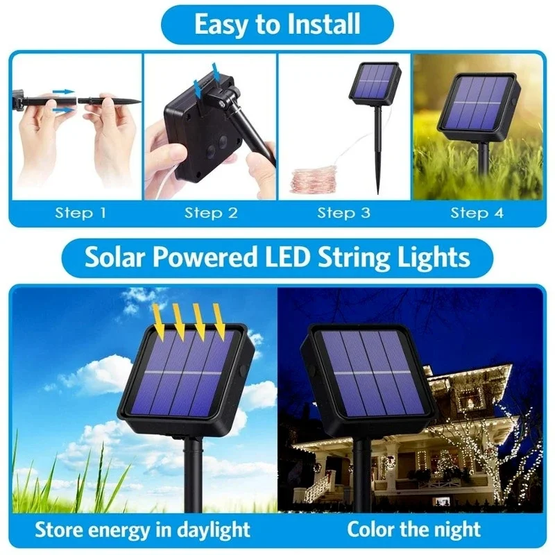 Luz LED Solar de 7m/12m/22m/32m para exteriores, guirnalda de luces de hadas para jardín, lámpara Led centelleante impermeable para Navidad, Patio, fiesta de árbol