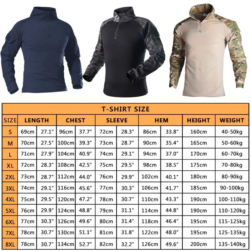 Camisa táctica del ejército con almohadilla para hombre, camisa de combate militar, Camisa larga de caza, ropa de camuflaje, camisetas de Paintball, 8XL
