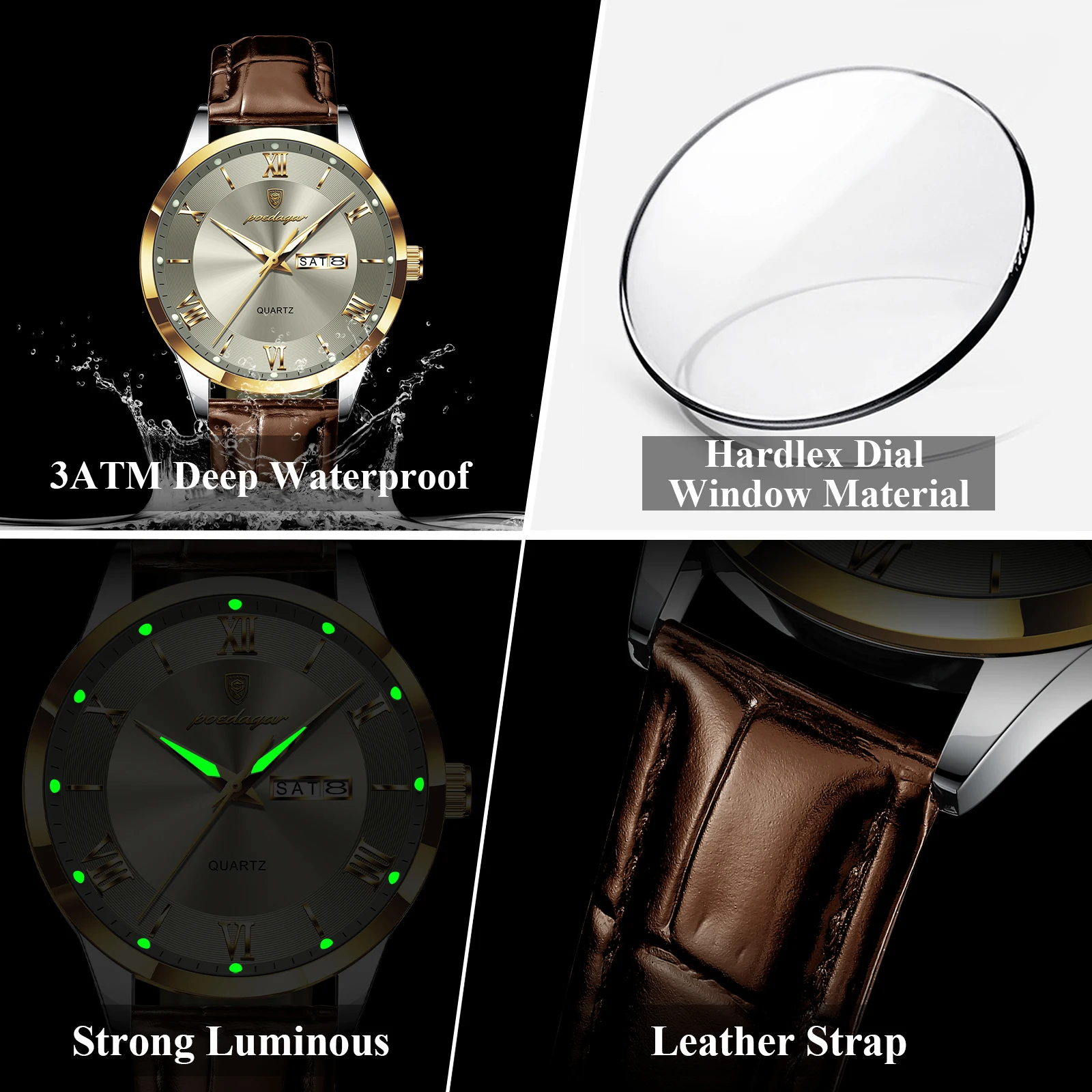 Reloj POEDAGAR Original de moda para hombre, Reloj de cuero con fecha y semana de cuarzo para hombre, relojes luminosos impermeables de negocios para hombre, Reloj masculino