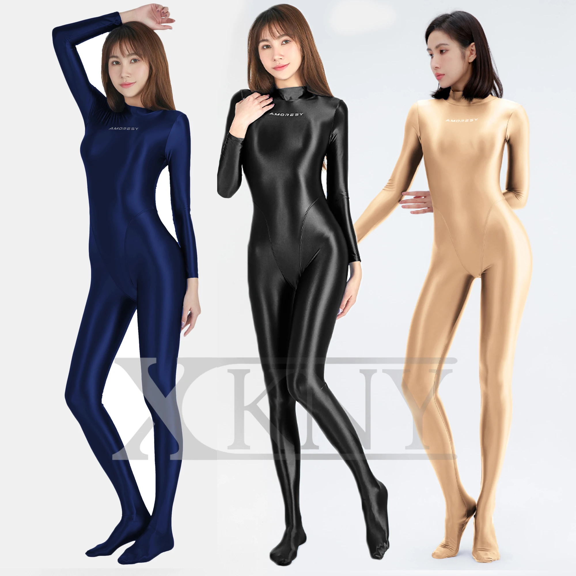 AMORESY - Mallas satinadas de manga larga, mallas de yoga lisas de cuerpo entero, trajes deportivos informales, monos XClocKNYoung