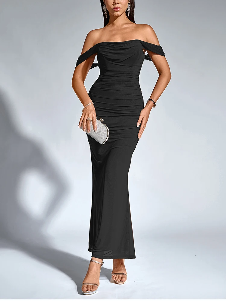 NewAsia Vestido largo con corsé de malla fruncida y hombros descubiertos para mujer, sin espalda, ceñido al cuerpo, elegante, a la moda, para fiesta y Club
