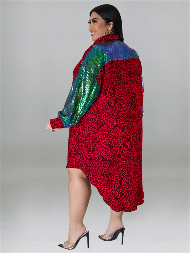Wmstar-Vestidos de Fiesta de talla grande para mujer, manga de lentejuelas, retales de leopardo, Vestido camisero Midi elegante, venta al por mayor, envío directo con cinturón