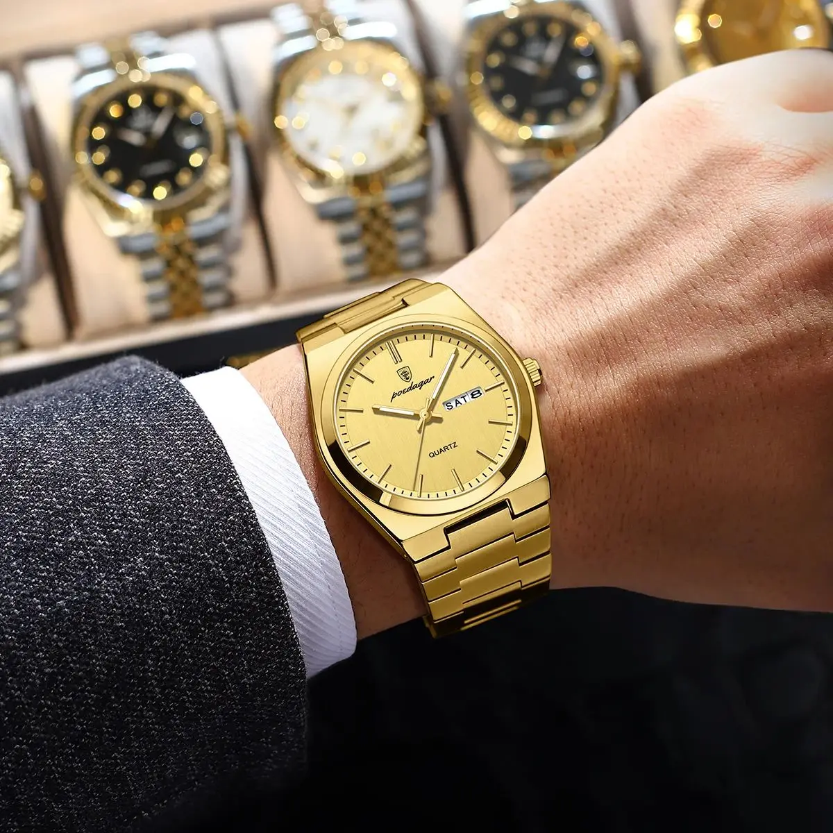 POEDAGAR, reloj clásico a la moda para hombre, resistente al agua, luminoso, con fecha, semana, reloj de lujo para hombre, relojes de negocios de cuarzo de acero inoxidable para hombre