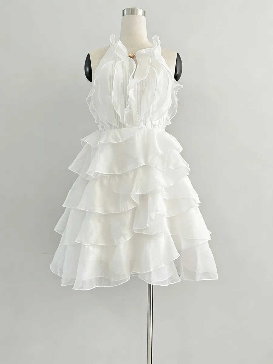 Vestidos Mini con Volantes y Corte Entallado de Moda TWOTWINSTYLE para Mujer, Cuello Redondo, Sin Mangas, Cintura Alta, Vestido Casual Femenino Nuevo