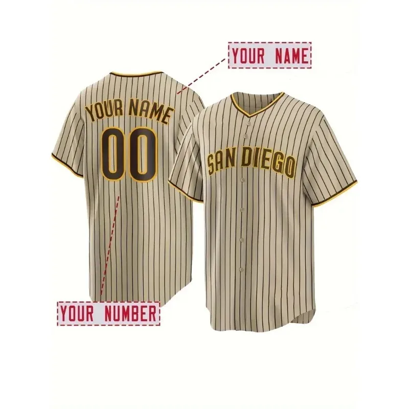 Camiseta de béisbol bordada con nombre y número personalizados para hombre, camisas DIY transpirables con botones de manga corta personalizadas de San Diego