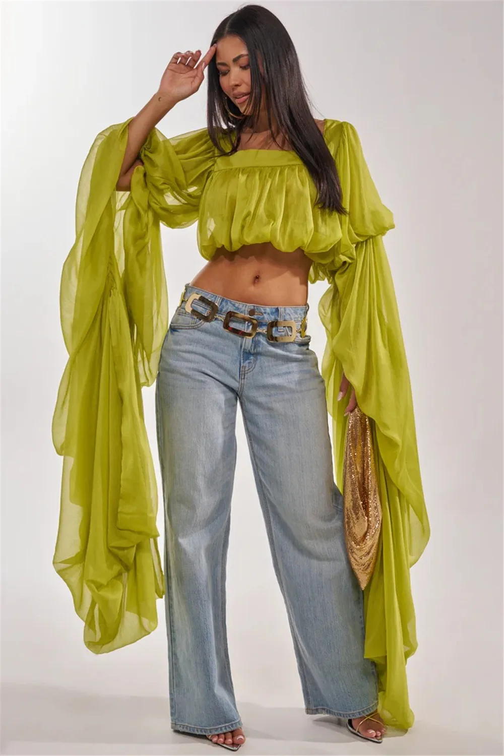 Blusa Túnica Fluida de Cuello Cuadrado con Mangas Murciélago Largas con Volantes, Blusa Holgada de Gasa para Mujer, Estilo Bohemio Casual Elegante