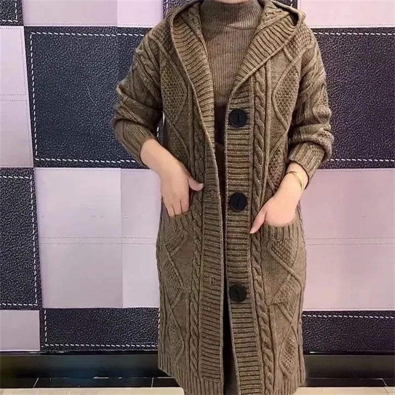 Primavera otoño 2024 nuevo cárdigan con giros de Jacquard suéter de talla grande para mujer largo con capucha de un solo pecho cárdigan de punto abrigo M-5XL