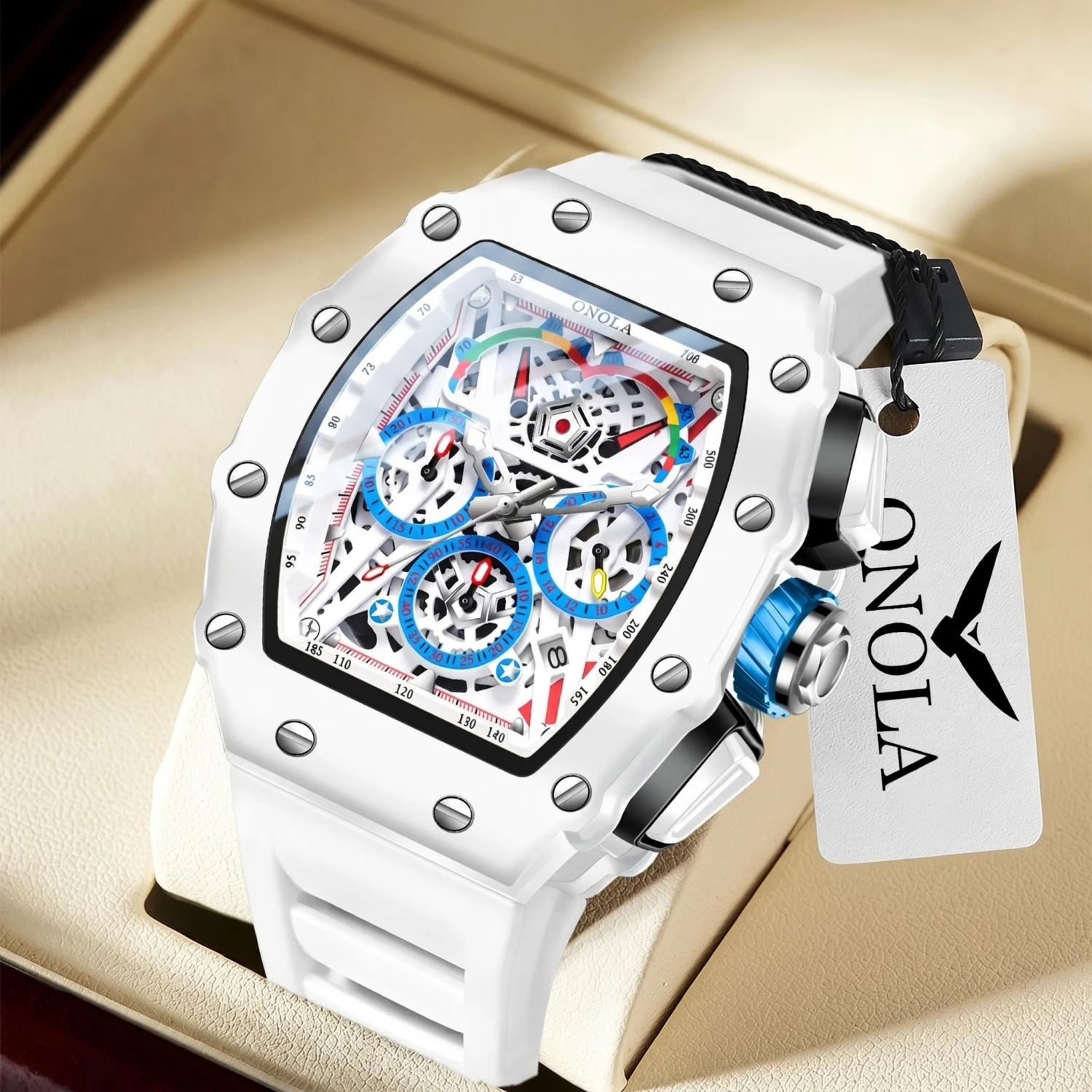 Reloj de lujo para hombre ONOLA moda casual multifuncional cinta de silicona impermeable reloj de cuarzo blanco