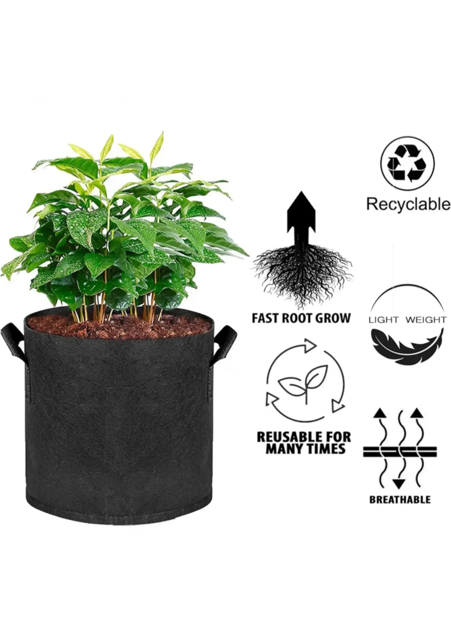 Paquete de 5 bolsas de cultivo/macetas de tela de navegación con asas (capacidades disponibles: 3 galones, 4 galones, 5 galones, 7 galones, 30 galones)