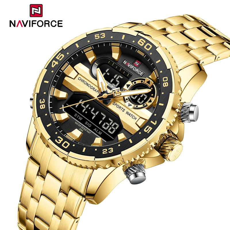 NAVIFORCE marca de moda reloj de oro negro para hombre relojes de pulsera de cuarzo de lujo a la moda correa deportiva de acero inoxidable resistente al agua NF9234
