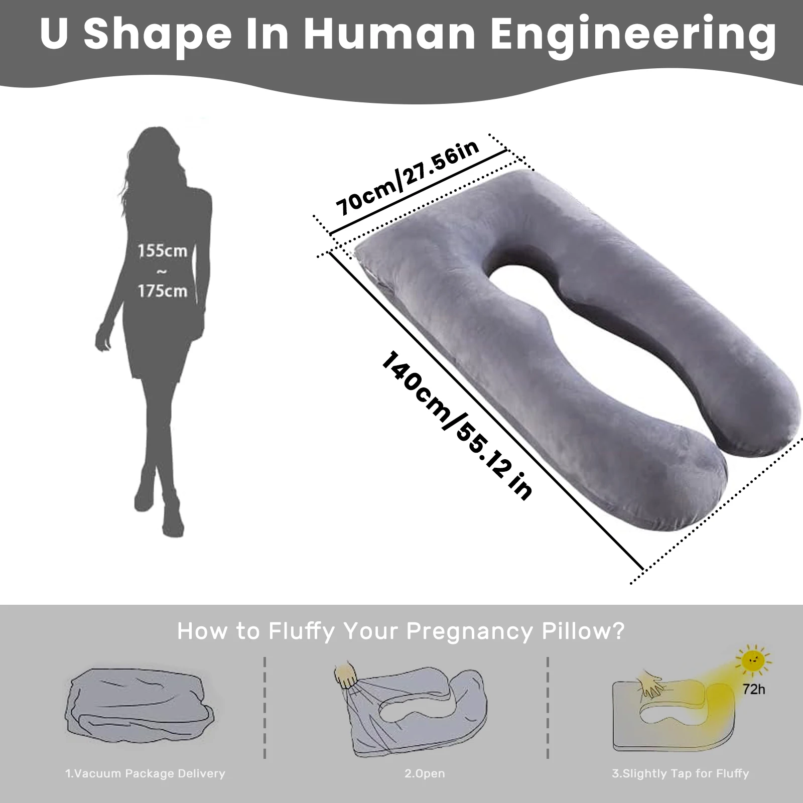 Almohada de embarazo en forma de U para dormir, almohada de cuerpo completo, almohada de embarazo, almohada de maternidad, con funda extraíble (gris)