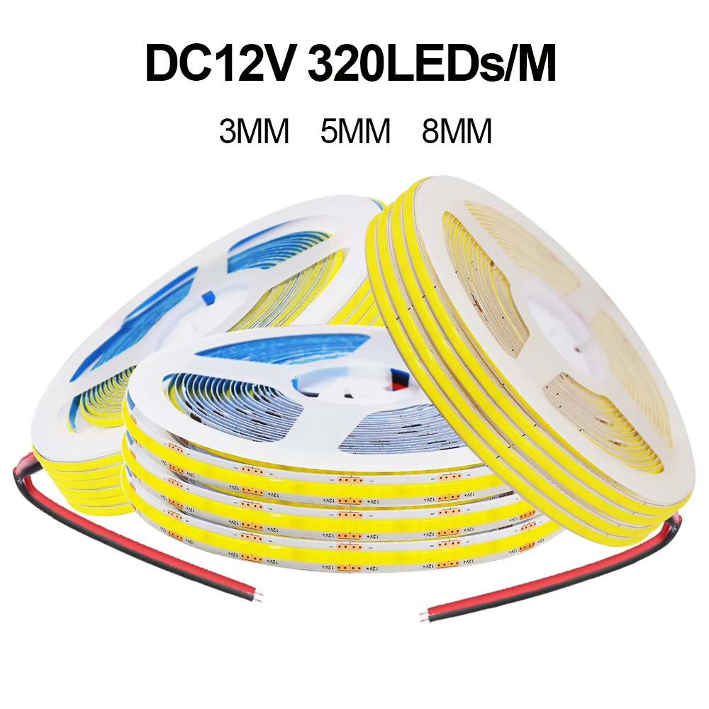 Tira COB de 5V, 12V, 3MM, 5MM, 8MM, barra de luz LED FOB, 320Leds/M, cinta Flexible de alta densidad, cinta de cuerda, luz de gabinete 3000K 4000K 6000K