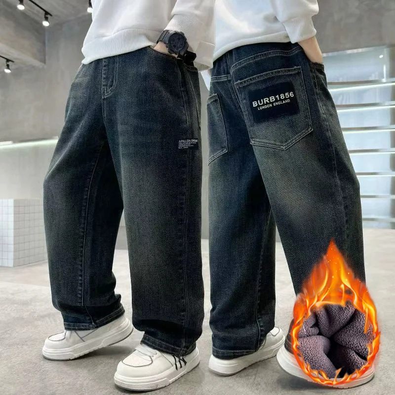 Pantalones Vaqueros de Felpa para Niños de 4 a 14 Años, Cálidos, a la Moda, con Letras, Holgados, Rectos, Informales, para Primavera, Otoño e Invierno