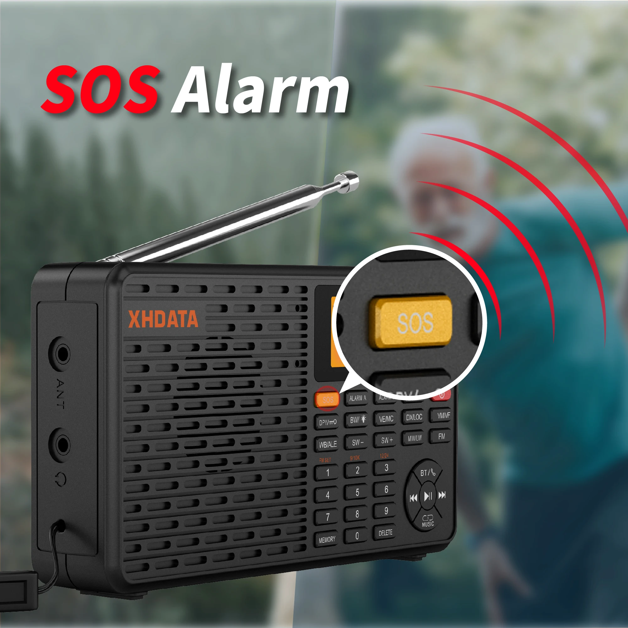 XHDATA D109WB Radio Portátil AM FM Estéreo SW MW LW con Reloj Despertador Digital, Batería Recargable, USB-C y Pronóstico del Tiempo
