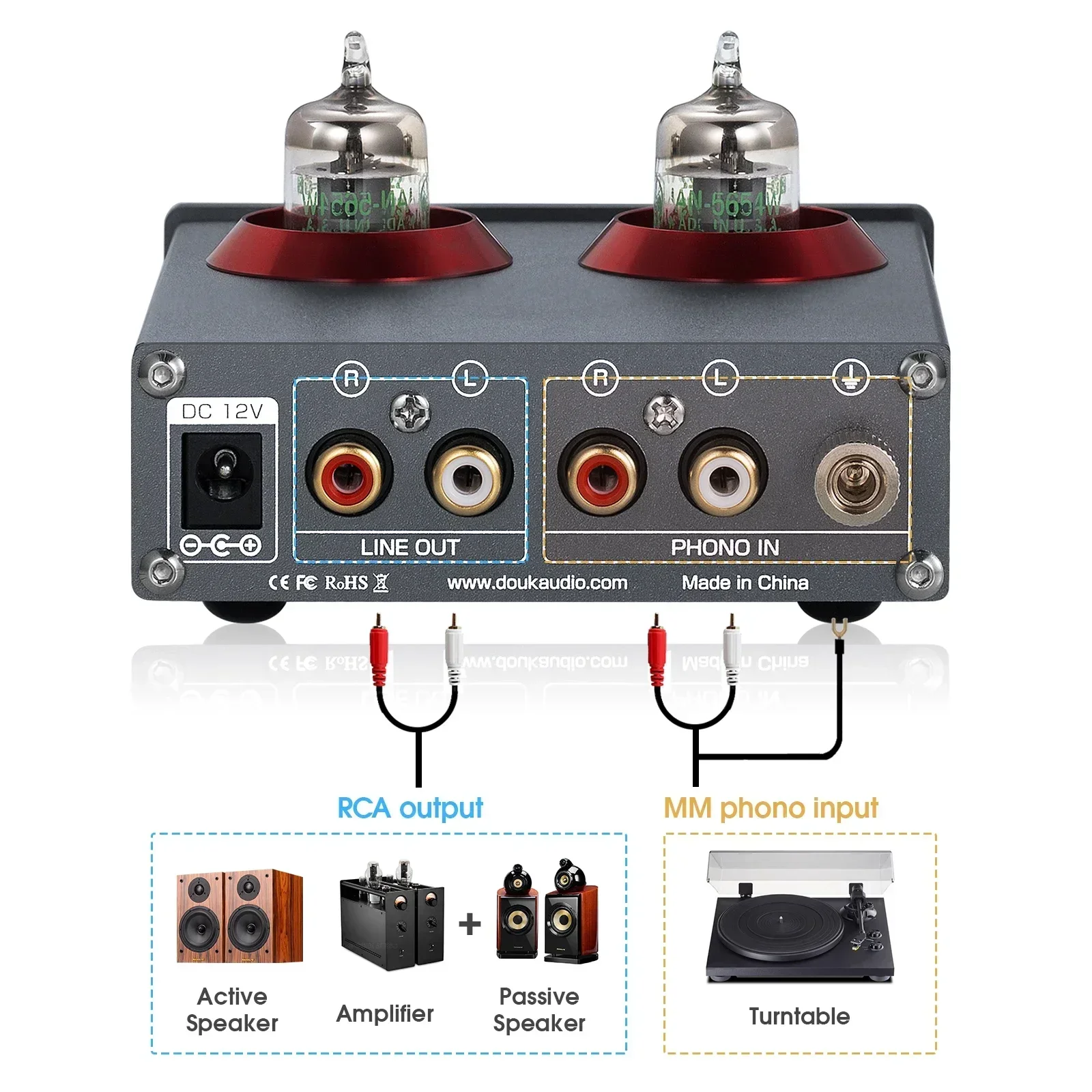 Preamplificador de Audio Douk Audio Mini con Válvulas, Amplificador de Auriculares, Preamplificador de Audio Estéreo HiFi para Teléfono/Tocadiscos/MP3