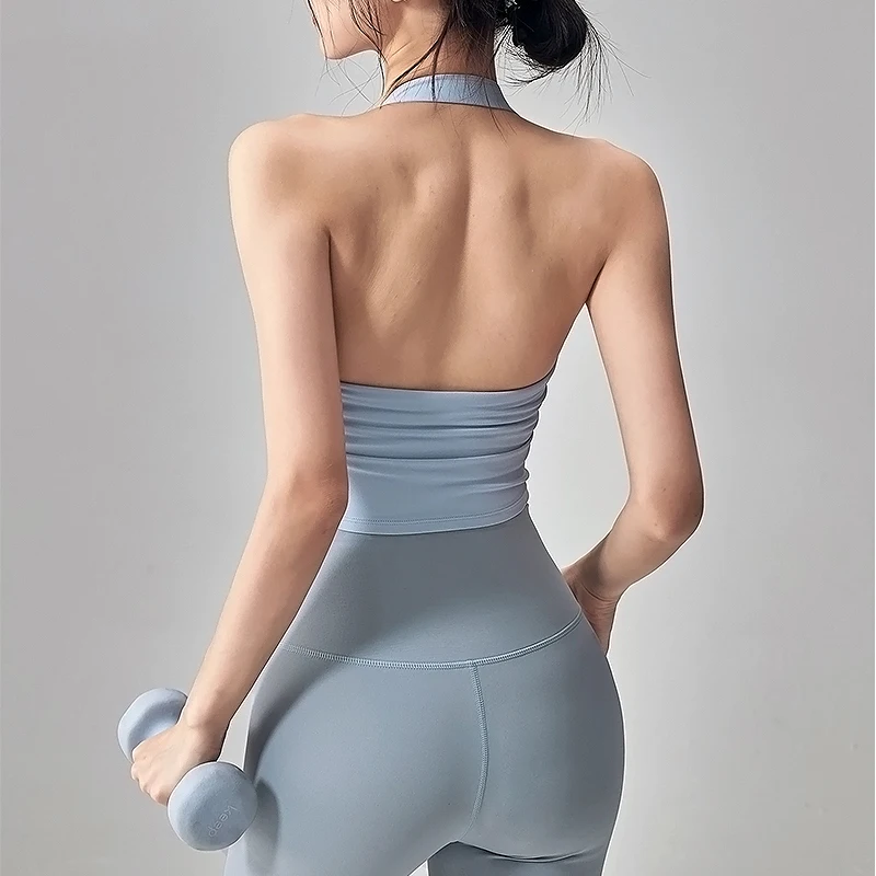 Sujetador deportivo con cuello colgante para mujer, chaleco de Yoga sin espalda fruncido para Fitness, absorbente de golpes, para correr, entrenamiento, Pilates, Top deportivo