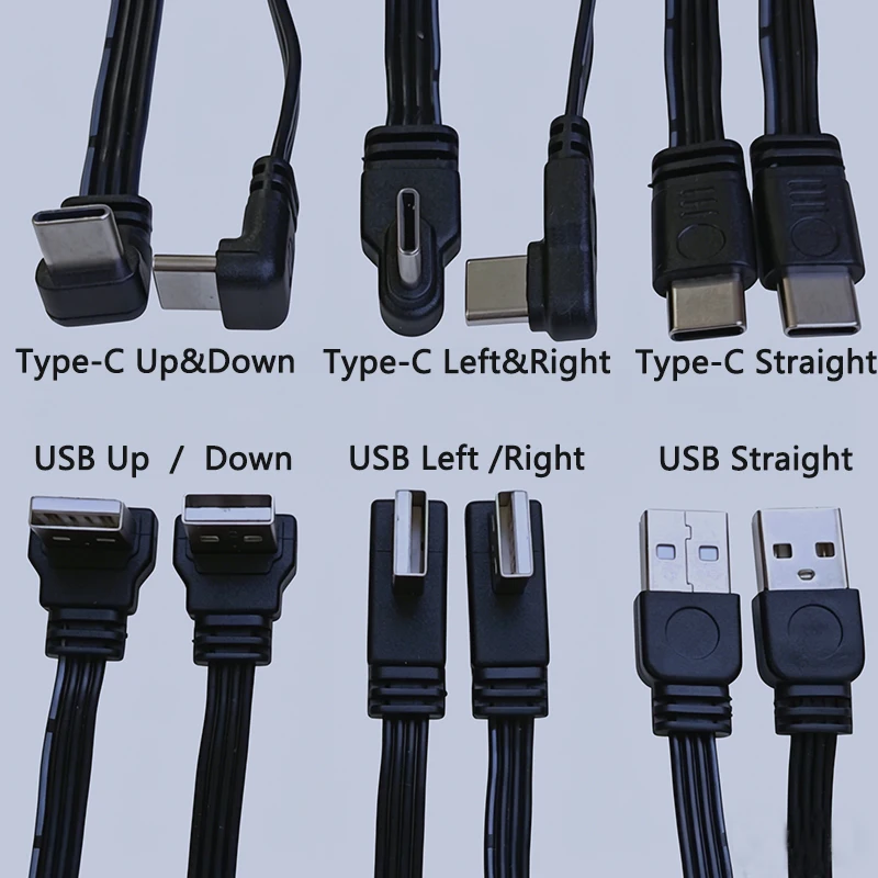Cable de datos USB A a tipo C de carga rápida, recto/ascendente/descendente/izquierdo/derecho, cable plano de silicona suave de 10-100cm, 1 unidad