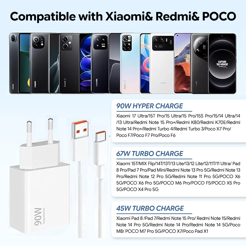 Cargador Xiaomi 90W Original Hypercharge Combo, Cable de Carga Rápida Tipo C para Xiaomi 15T Pro, 15, 17 Ultra, 14, 13 Ultra, POCO X7 Pro