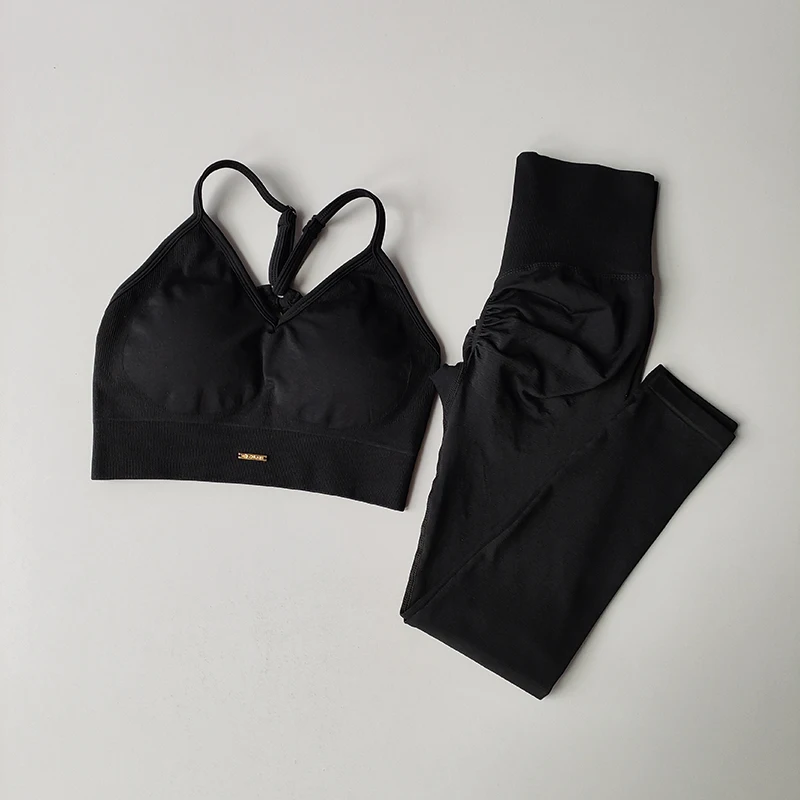Conjunto de Fitness para levantamiento de cadera sin costuras, sujetador con cuello en V para mujer, mallas, conjunto de Yoga, ejercicio de secado rápido, masaje de hierro, pantalones ajustados de alta grasa