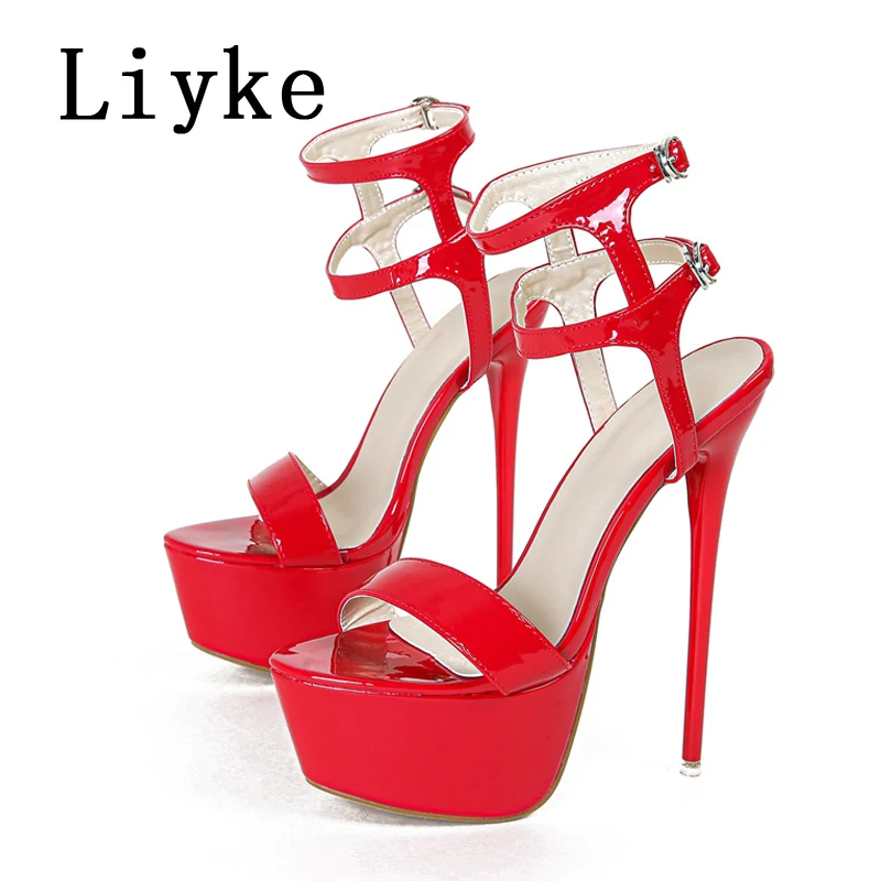 Liyke, sandalias sexis de plataforma de tacón alto rojo para mujer, moda con doble hebilla y correa abierta, zapatos para banquete de boda, talla grande 45 46