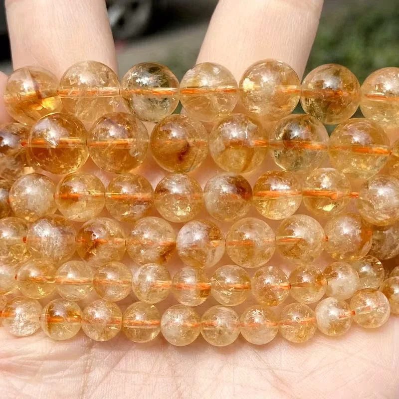 Cuentas de cristal de citrino natural para hacer joyas, cuentas redondas de piedras preciosas para pulsera, collar, cuentas perforadas de 15''