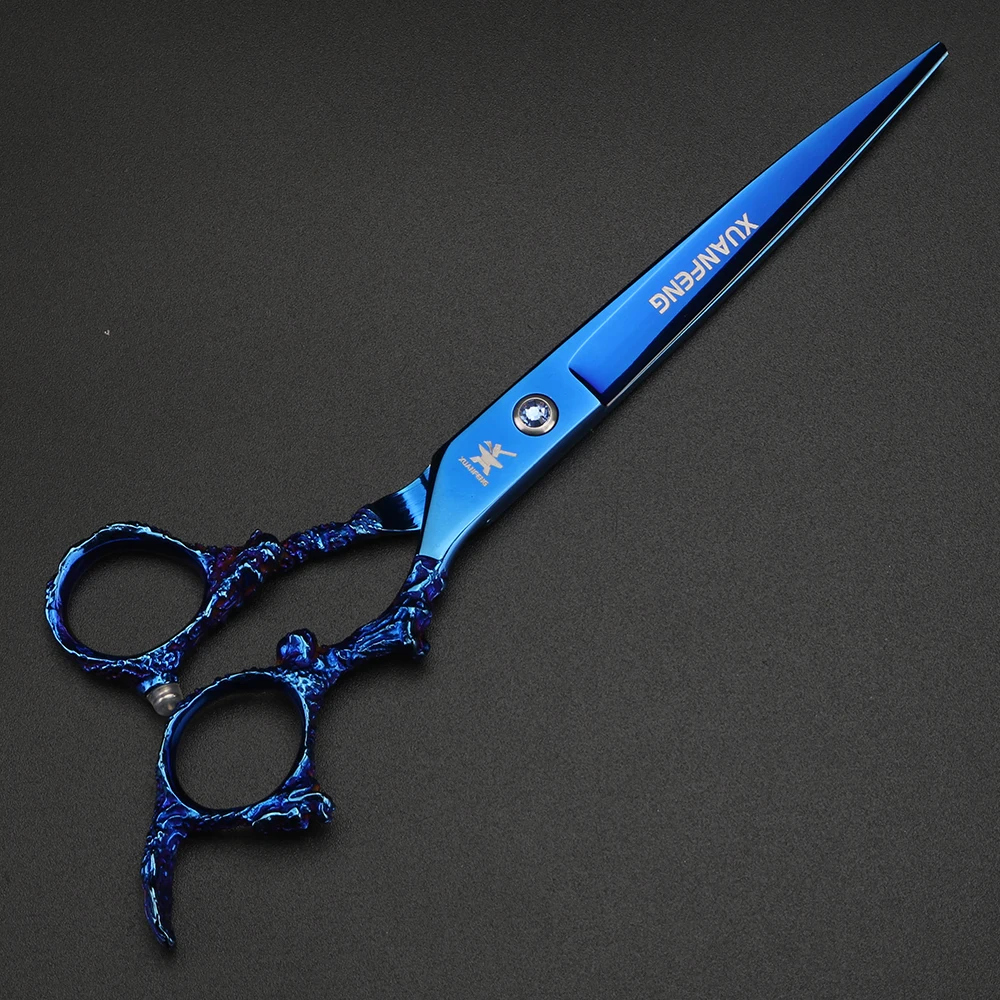 Tijeras para el cabello XUANTENG de 7 pulgadas con mango de dragón azul, tijeras de corte 440C, tijeras japonesas