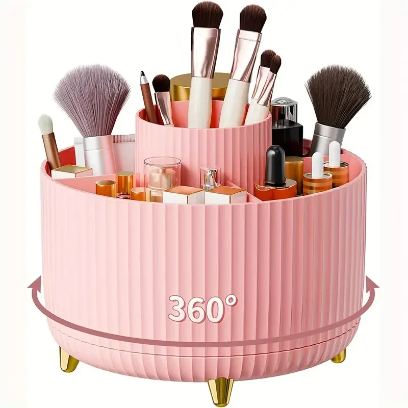 360 °   Caja de almacenamiento de herramientas de maquillaje giratoria, organizador de escritorio, soporte para brochas cosméticas, lápiz labial, ceja, lápiz, contenedor de joyería