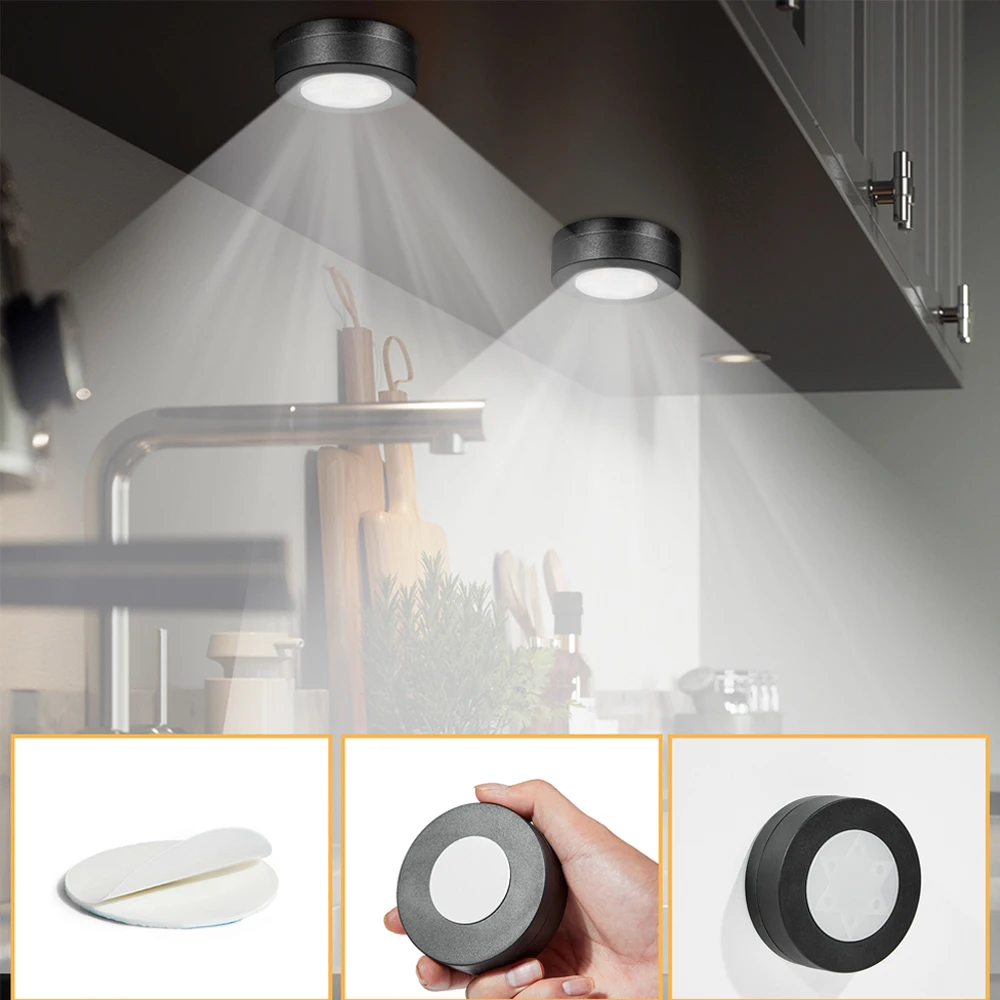 1-6 uds negro CCT redondo LED debajo del armario luz muebles regulable lámpara de armario blanco cálido 3000-6500K Control remoto