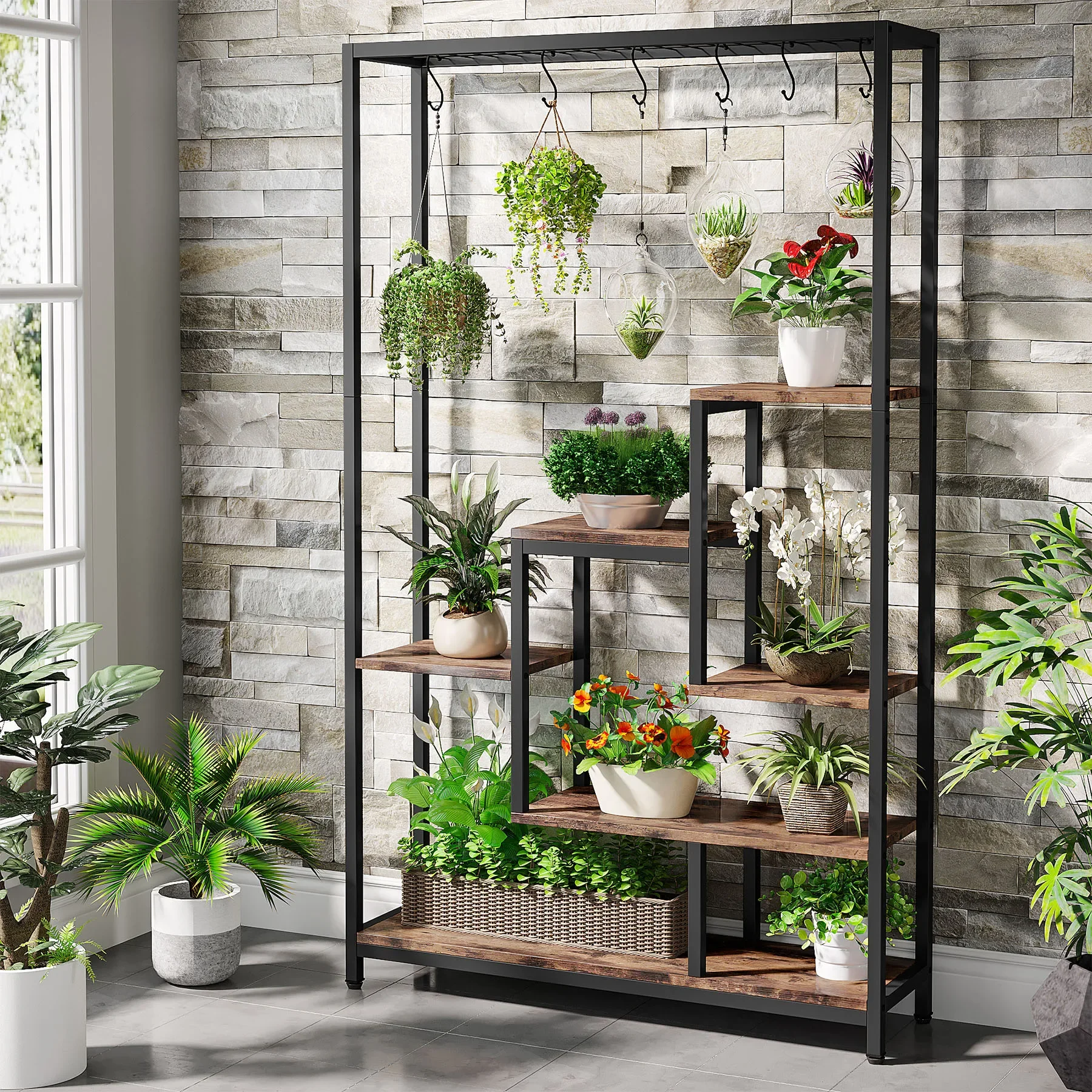Tribesigns Soporte para plantas de interior de 5 niveles de altura, estante grande para plantas de metal de 70,9 pulgadas con 10 ganchos para colgar PC S para jardín