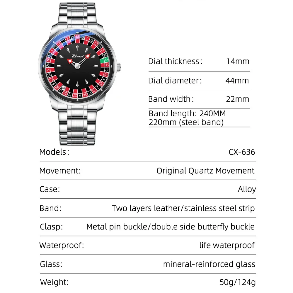 Reloj de Cuarzo CHENXI para Hombre con Esfera Giratoria de Ruleta, Números Arábigos, Resistente al Agua, Manecillas Luminosas, Reloj de Pulsera Masculino, Regalo, Reloj Hombre