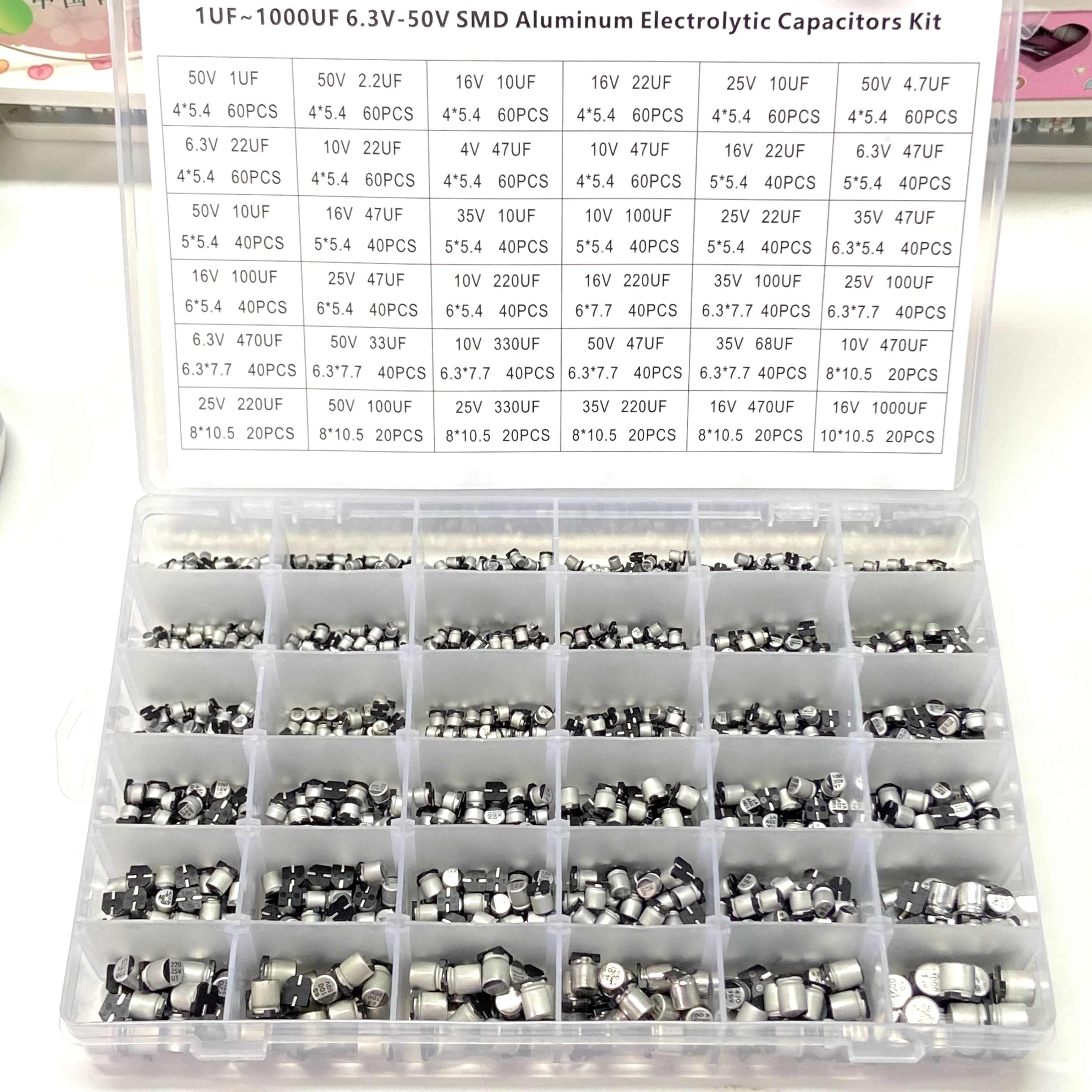 Condensadores electrolíticos de aluminio, Chip SMD de 1500 piezas, caja de muestra de 36 valores, condensadores electrolíticos de aluminio 1UF ~ 1000UF 4V-60V