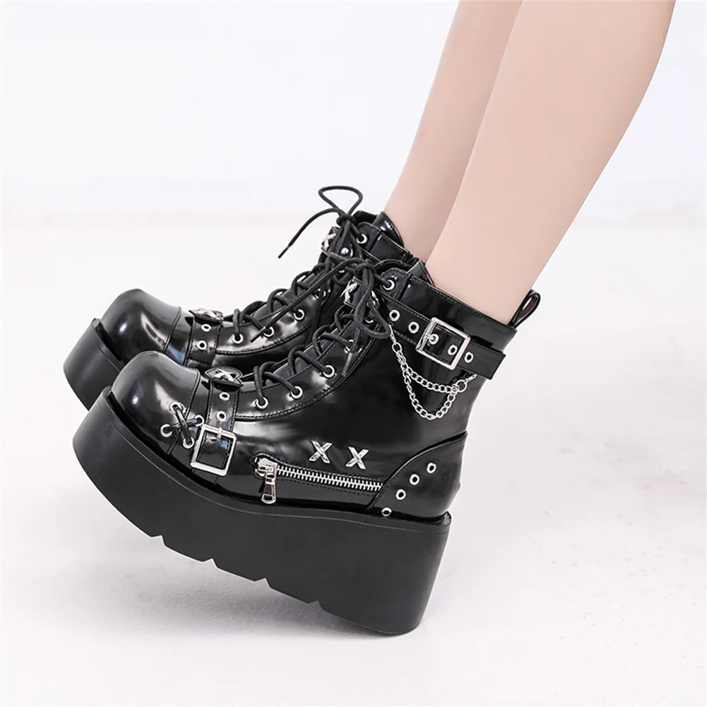 Botines de plataforma góticos para mujer, nuevos, con hebilla, cremallera y remaches, estilo punk, con tacón de cuña, para fiesta y calle.