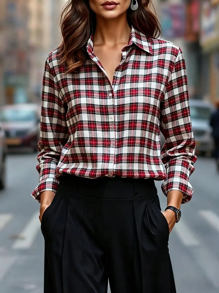 Blusa con botones y estampado a cuadros para mujer, tops informales de manga larga con cuello, atuendos multicolor elegantes para el día a día para primavera y verano