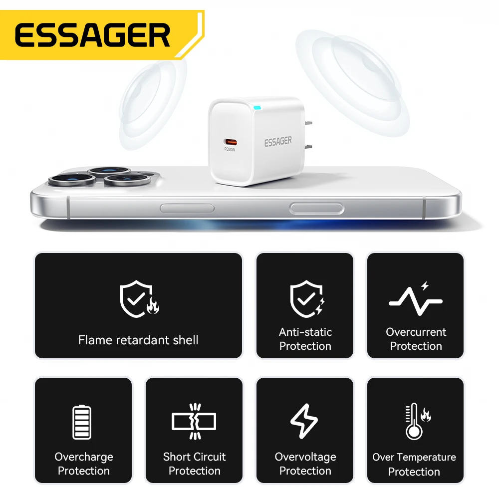 Essager Mini 30W tipo C cargador para iPhone 16 15 Xiaomi PD 20W Cable Lightning cargadores de viaje para iPhone 14 13 12 iPad Pro