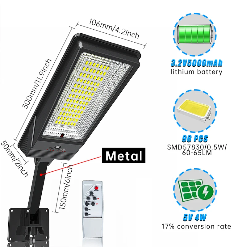 Luz Solar 138LED con control remoto, 3 modos de trabajo, farola Solar, superbrillante, para exteriores, jardín, impermeable, Sensor de movimiento, lámpara Solar