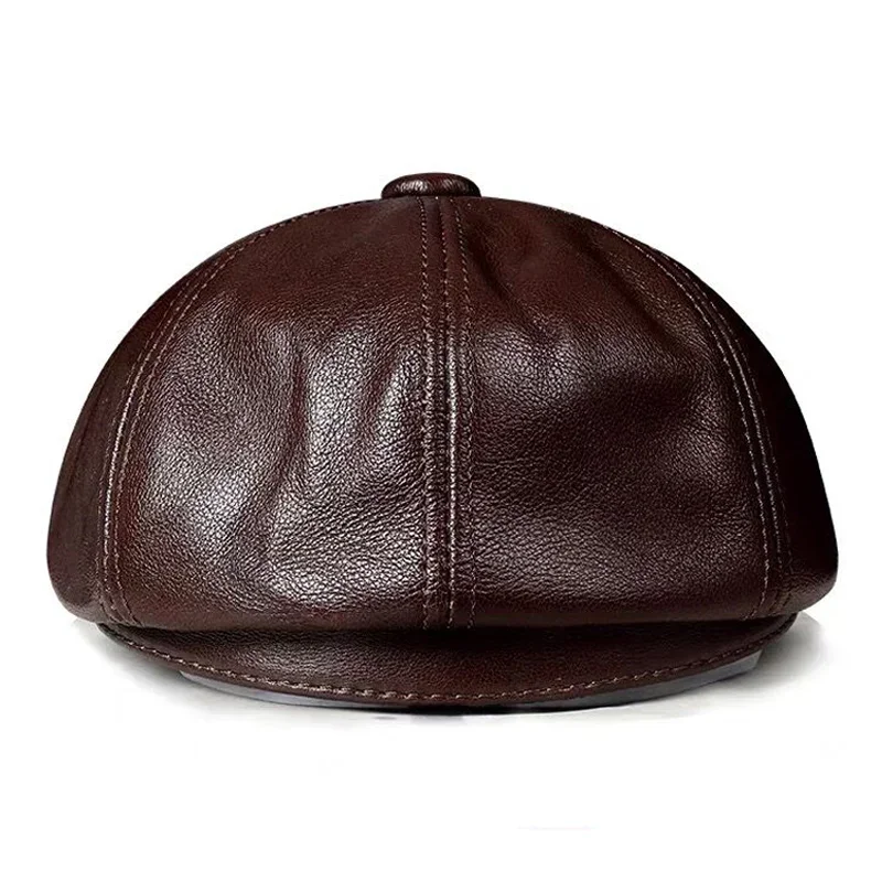 Gorro de cuero 2024 genuino para hombre, boina de cuero de vaca, algodón cálido, acolchado de marca, marrón/negro, pato, nuevo