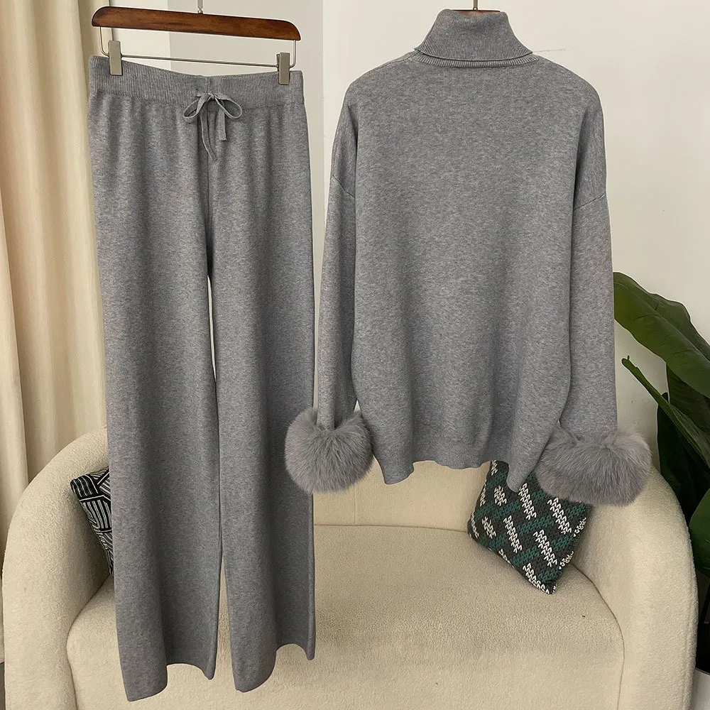 2024 nueva moda Otoño Invierno Natural piel de zorro Real puños abrigo tejido suéter mujeres pantalones largos conjunto chaqueta gruesa cálida