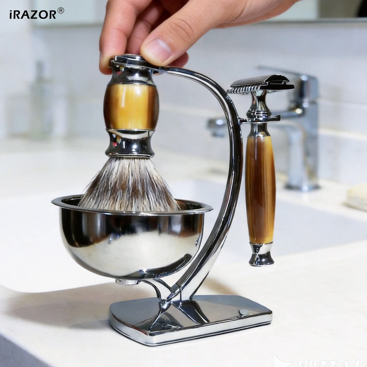 iRAZOR Classic - Kit de afeitado de seguridad de doble filo para hombre con 10 cuchillas, brocha de afeitar Silvertip, tazón y set de regalo para afeitado en húmedo