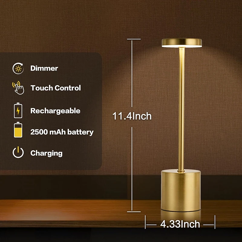 Lámpara de Mesa LED con Sensor Táctil, Lámpara Nocturna USB Recargable, Lámpara Nocturna Portátil para Dormitorio, Lámpara de Lectura Inalámbrica para Restaurante, Hotel, Bar