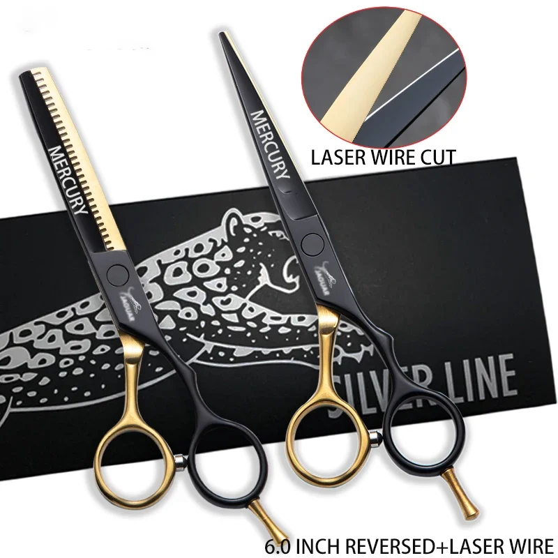 Juego de Tijeras de Peluquería Profesional para Cortar y Entresacar Cabello, Tijeras Invertidas con Cable Láser, Tijeras de Peluquería de 6.0 Pulgadas