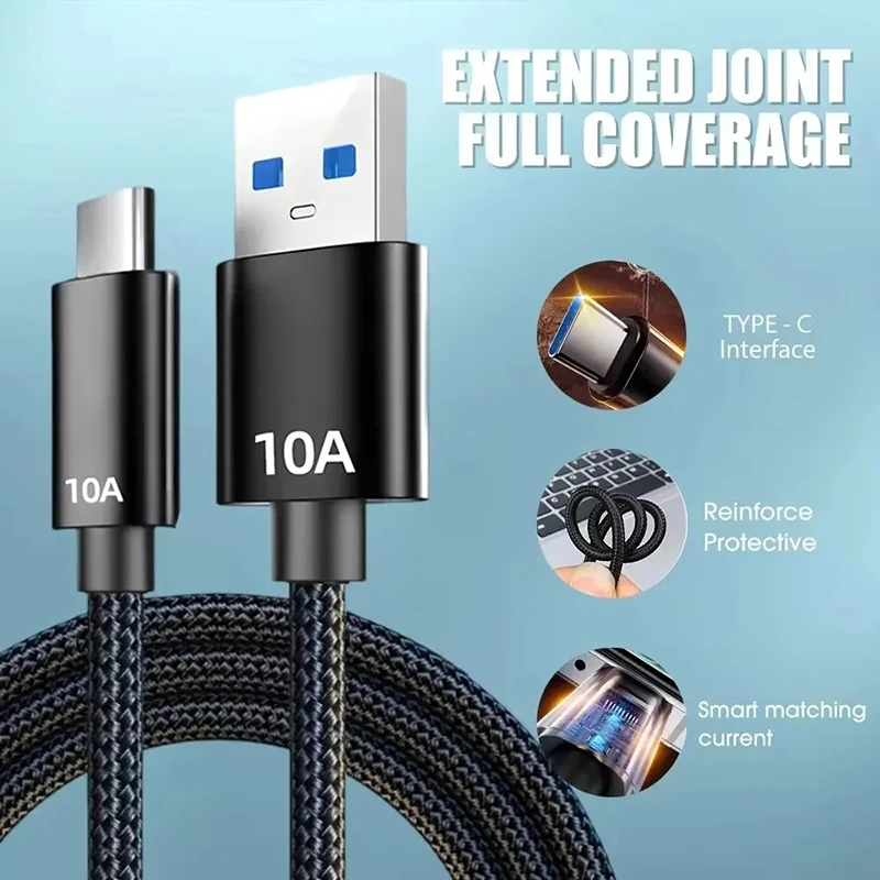 Cable de carga súper rápida de 10A y 120W, cable de transferencia de datos de alta velocidad USB A a Tipo C, cable trenzado para teléfono, cable de carga rápida.